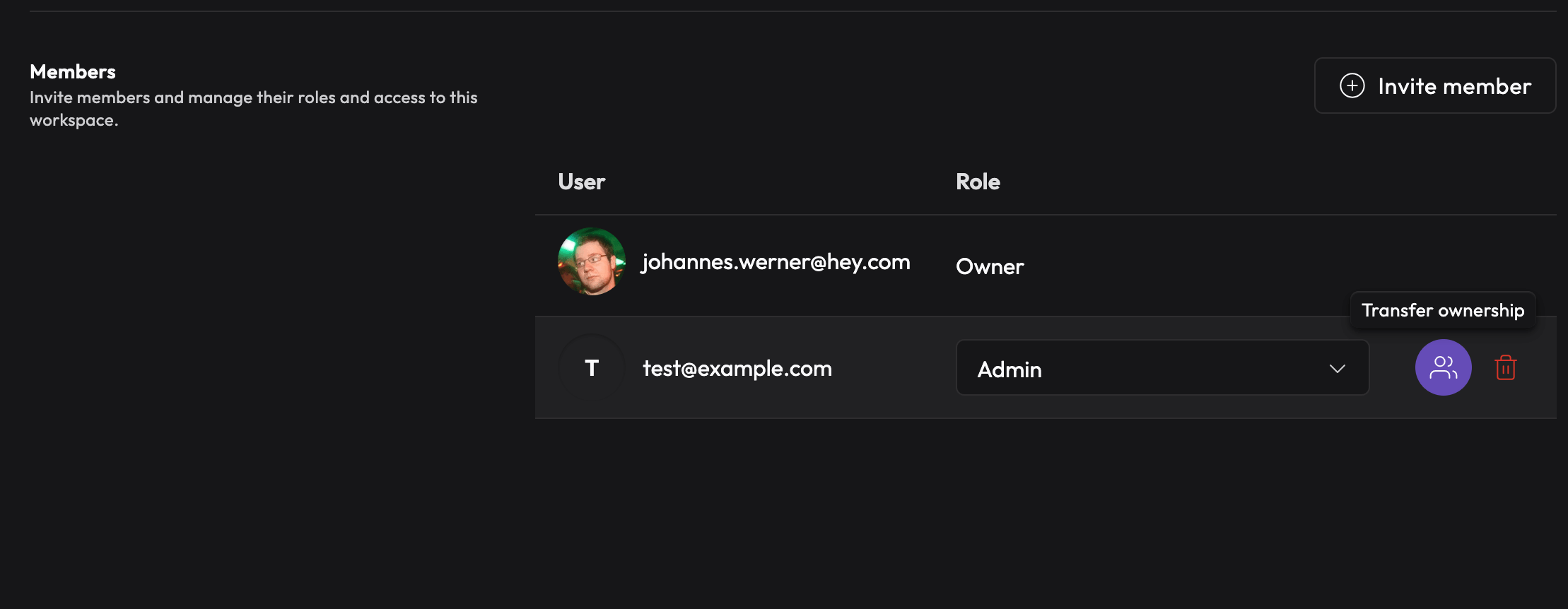 Workspace Member Table with transfer ownership