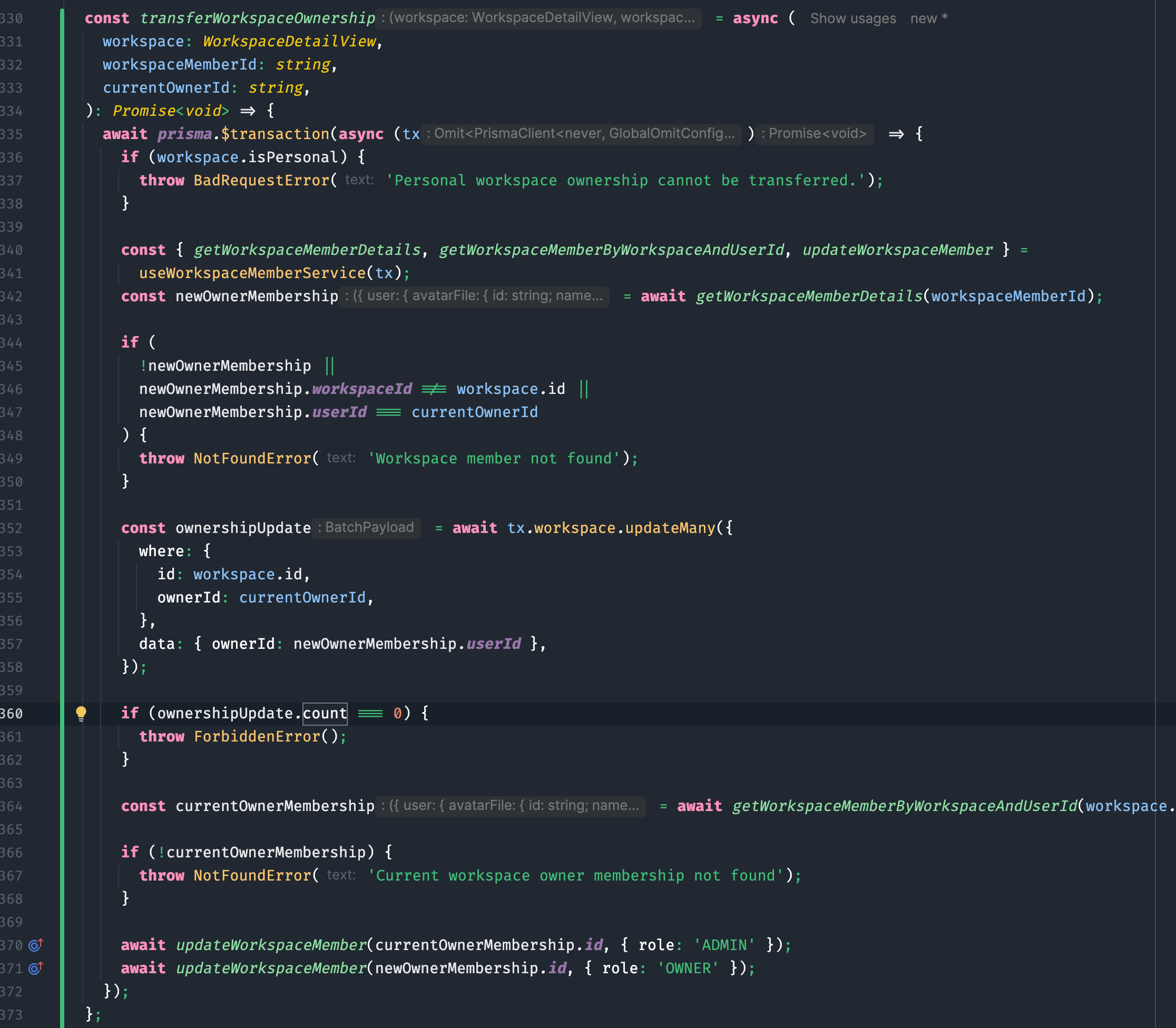 Workspace service transferOwnership method using the workspaceMemberService